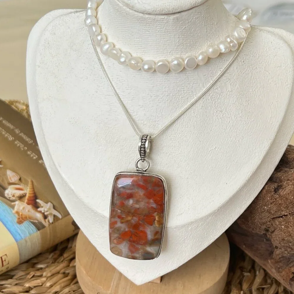 Vintage Large Sterling Silver 925 Red Jasper Pendant 925 Rope Chain Necklace
